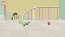 a cartoon of a boy with glasses and a backpack with the nick logo behind him