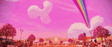 a crowd of people are gathered in front of a pink sky with a rainbow