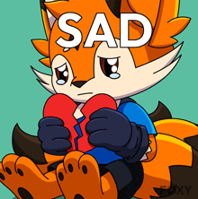 a cartoon fox is holding a broken heart with the word sad above him