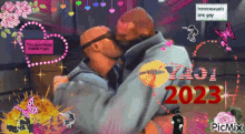 a picture of two men kissing and the year 2023