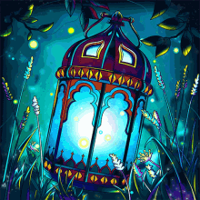 a colorful lantern is surrounded by plants and leaves