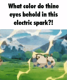 a couple of sheep are standing in a field with lightning coming out of their eyes .