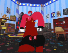 a cartoon drawing of a robot with the letter e on his pants