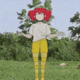 a girl with red hair and yellow shorts is standing in a grassy field .