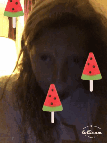 a girl is surrounded by watermelon slices and the word lollicam is on the bottom right