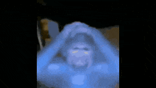 a blurry picture of a person 's face with their hands on their head