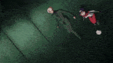 a man in a suit and a girl in a red and white outfit are standing next to each other in a dark room