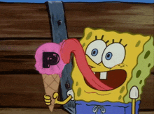 a cartoon character named spongebob is licking an ice cream cone that has the letter p on it