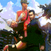 a pixel art painting of a man carrying another man on his back .