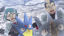 a group of cartoon characters standing next to each other including a blue bird