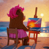 a teddy bear with pink hair is sitting in a chair painting a sunset on the beach