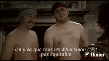 two shirtless men are standing next to each other with a caption that says on y va que