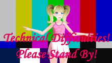 a girl with pigtails is standing in front of a screen that says " technical difficulties please stand by "