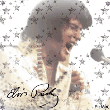 a picture of elvis presley singing into a microphone with his signature on the bottom