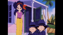 a cartoon of a woman standing next to two children wearing blue hats