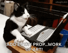a black and white cat is sitting at a laptop computer .
