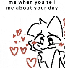 a pixel art drawing of a cat with hearts around it and the words `` me when you tell me about your day '' .