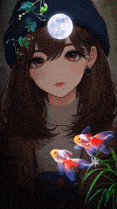 a girl with a blue hat and a full moon on her head