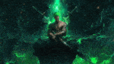 a man with green hair is holding two swords in front of a green lightning background