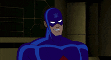 a cartoon of a man in a red and blue suit holding a light stick