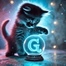 a cat playing with a snow globe with the letter g on it