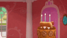 a birthday cake with a hot dog and three candles on it