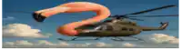 a helicopter with a flamingo shaped nose is flying in the sky