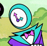 a cartoon character with a clock on his head and a pink bow tie