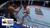 two men are fighting in a boxing ring with a buffalo wild wings logo in the foreground
