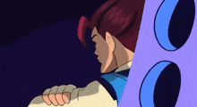 a cartoon character with red hair and a blue shirt is standing in front of a purple wall .