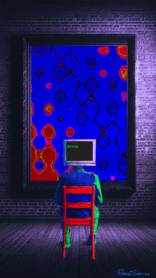 a painting of a man sitting in front of a computer screen that says problem