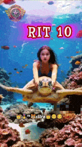 a woman is sitting on a sea turtle with the number 10 written on the bottom