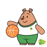 a cartoon of a bear holding a basketball with pants bear written in the corner