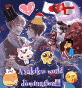 a collage of anime characters with the words asakiku world domination