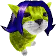 a pixel art of a yellow cat with a purple wig on its head .