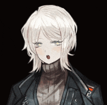 a girl with white hair is wearing a turtleneck and a jacket with the letter l on it