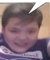 a boy wearing a purple shirt that says west on it