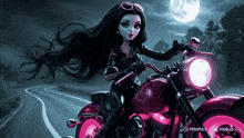 a doll is riding a pink motorcycle on a road with a full moon in the background