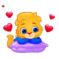 a cartoon bear is sitting on a pillow with hearts surrounding him