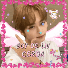 a picture of a young man with the words soy de liv cerda written on it