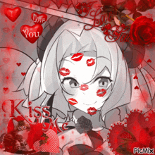 a picture of a girl with kisses on her face and the words kiss me