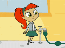 a girl with red hair is standing next to a faucet with a green hose attached to it