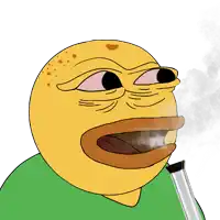 a cartoon drawing of a yellow frog with a green shirt smoking a bong