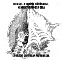 a black and white drawing of two animals in a shell with the caption kun sulla on oma noponssu