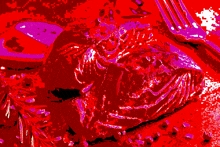 a red and purple abstract painting with a fork in the background