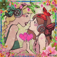 a picture of two girls with headphones and butterflies on their heads