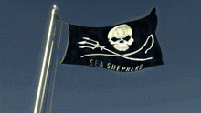 a pirate flag that says sea shepherd with a skull and trident