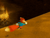a cartoon character in a red cape is standing on a yellow surface .