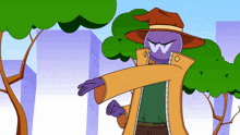a cartoon character wearing a hat and a coat has a w on his face
