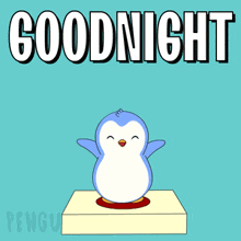 a penguin is jumping over a button with the words goodnight written above it